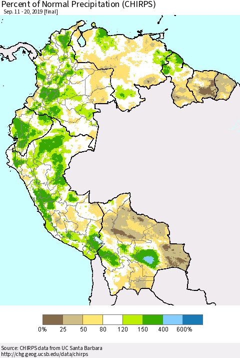 Northern South America Percent of Normal Precipitation (CHIRPS) Thematic Map For 9/11/2019 - 9/20/2019