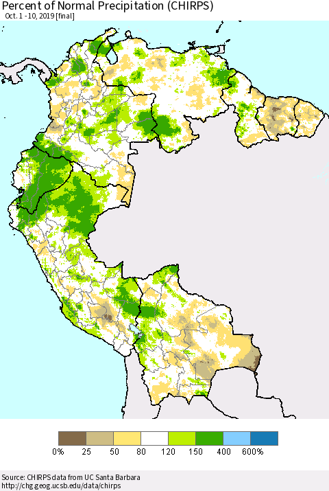 Northern South America Percent of Normal Precipitation (CHIRPS) Thematic Map For 10/1/2019 - 10/10/2019