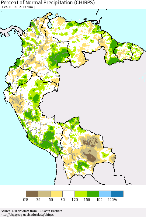 Northern South America Percent of Normal Precipitation (CHIRPS) Thematic Map For 10/11/2019 - 10/20/2019