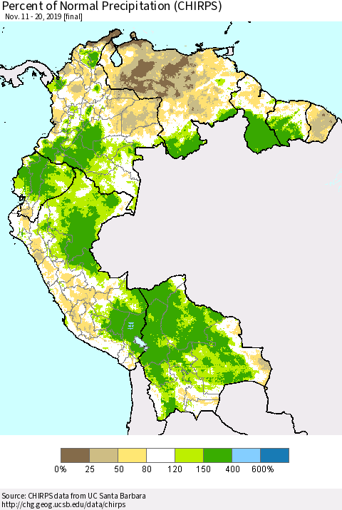 Northern South America Percent of Normal Precipitation (CHIRPS) Thematic Map For 11/11/2019 - 11/20/2019