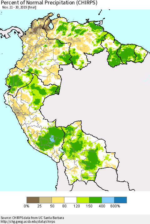 Northern South America Percent of Normal Precipitation (CHIRPS) Thematic Map For 11/21/2019 - 11/30/2019