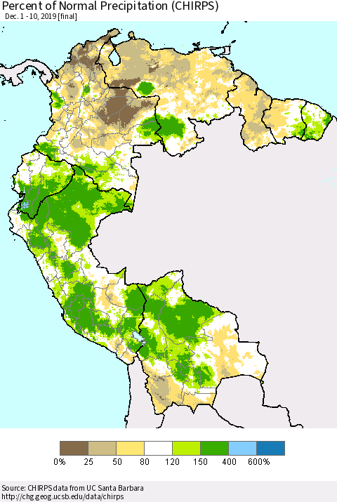 Northern South America Percent of Normal Precipitation (CHIRPS) Thematic Map For 12/1/2019 - 12/10/2019