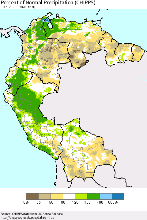Northern South America Percent of Normal Precipitation (CHIRPS) Thematic Map For 1/21/2020 - 1/31/2020