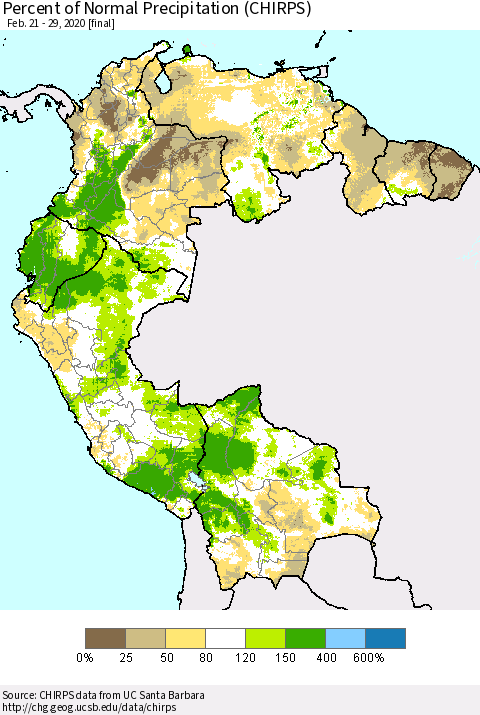 Northern South America Percent of Normal Precipitation (CHIRPS) Thematic Map For 2/21/2020 - 2/29/2020