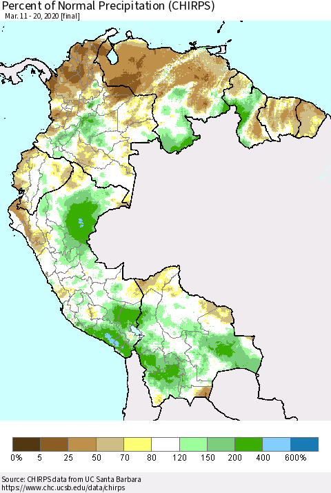 Northern South America Percent of Normal Precipitation (CHIRPS) Thematic Map For 3/11/2020 - 3/20/2020