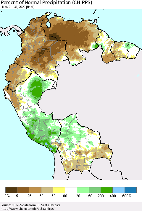 Northern South America Percent of Normal Precipitation (CHIRPS) Thematic Map For 3/21/2020 - 3/31/2020