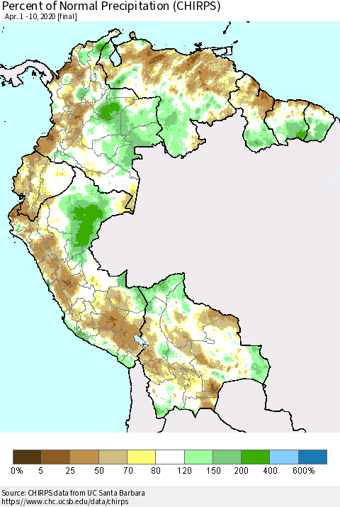 Northern South America Percent of Normal Precipitation (CHIRPS) Thematic Map For 4/1/2020 - 4/10/2020