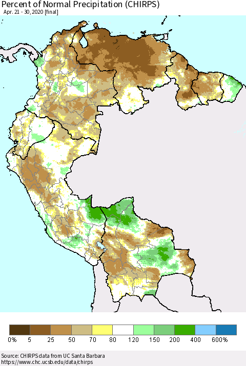 Northern South America Percent of Normal Precipitation (CHIRPS) Thematic Map For 4/21/2020 - 4/30/2020
