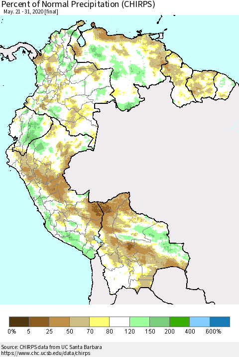 Northern South America Percent of Normal Precipitation (CHIRPS) Thematic Map For 5/21/2020 - 5/31/2020