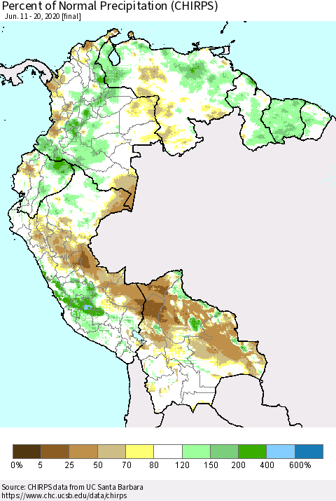 Northern South America Percent of Normal Precipitation (CHIRPS) Thematic Map For 6/11/2020 - 6/20/2020