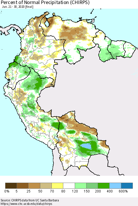 Northern South America Percent of Normal Precipitation (CHIRPS) Thematic Map For 6/21/2020 - 6/30/2020