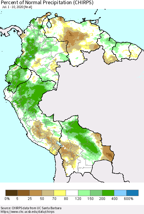 Northern South America Percent of Normal Precipitation (CHIRPS) Thematic Map For 7/1/2020 - 7/10/2020