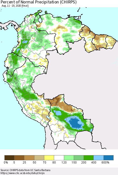 Northern South America Percent of Normal Precipitation (CHIRPS) Thematic Map For 8/11/2020 - 8/20/2020