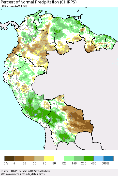 Northern South America Percent of Normal Precipitation (CHIRPS) Thematic Map For 9/1/2020 - 9/10/2020