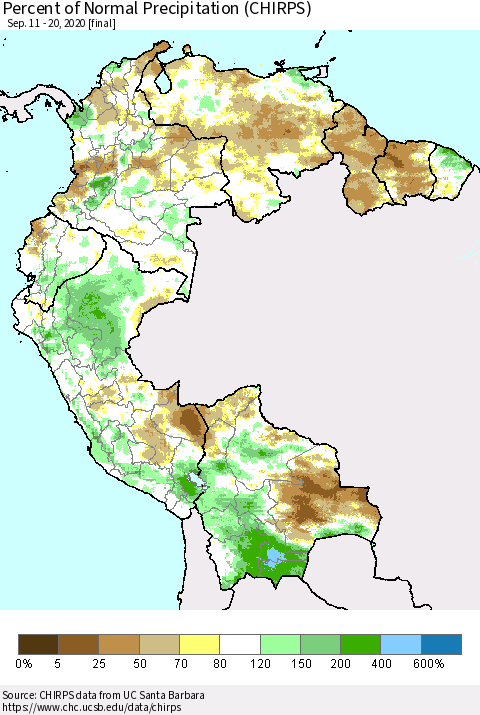 Northern South America Percent of Normal Precipitation (CHIRPS) Thematic Map For 9/11/2020 - 9/20/2020