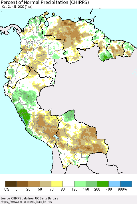 Northern South America Percent of Normal Precipitation (CHIRPS) Thematic Map For 10/21/2020 - 10/31/2020