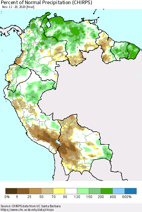 Northern South America Percent of Normal Precipitation (CHIRPS) Thematic Map For 11/11/2020 - 11/20/2020
