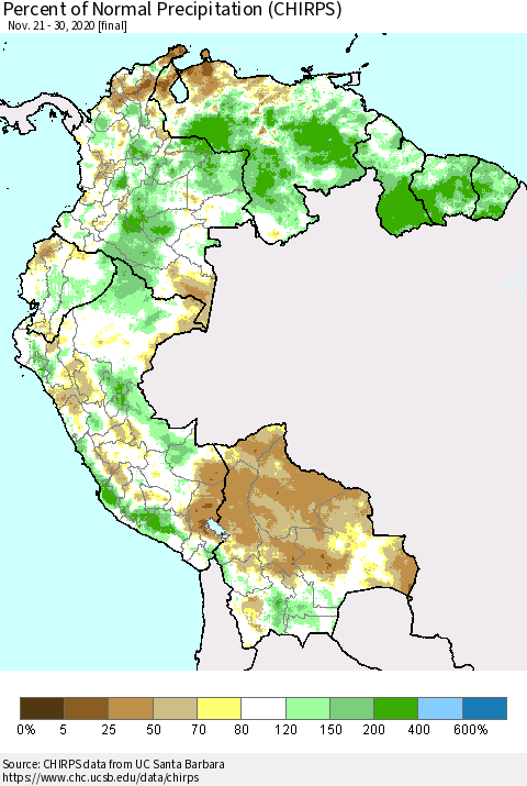 Northern South America Percent of Normal Precipitation (CHIRPS) Thematic Map For 11/21/2020 - 11/30/2020