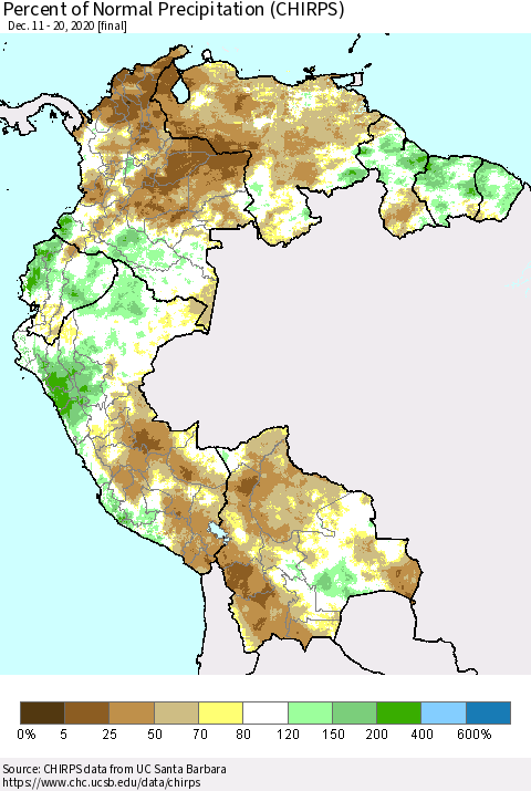 Northern South America Percent of Normal Precipitation (CHIRPS) Thematic Map For 12/11/2020 - 12/20/2020
