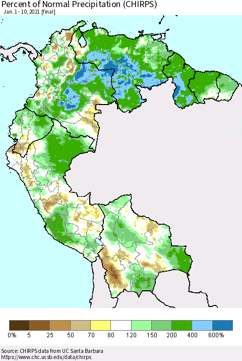 Northern South America Percent of Normal Precipitation (CHIRPS) Thematic Map For 1/1/2021 - 1/10/2021