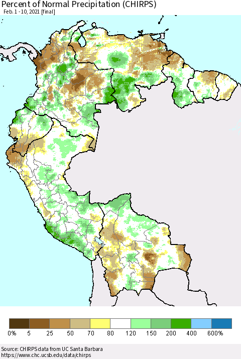 Northern South America Percent of Normal Precipitation (CHIRPS) Thematic Map For 2/1/2021 - 2/10/2021
