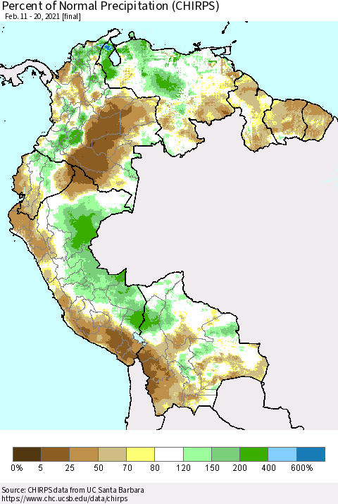 Northern South America Percent of Normal Precipitation (CHIRPS) Thematic Map For 2/11/2021 - 2/20/2021
