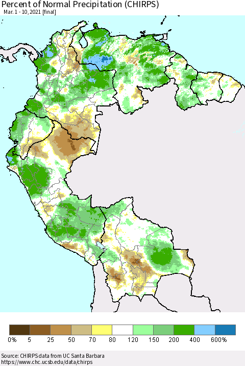 Northern South America Percent of Normal Precipitation (CHIRPS) Thematic Map For 3/1/2021 - 3/10/2021