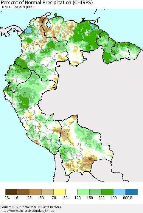 Northern South America Percent of Normal Precipitation (CHIRPS) Thematic Map For 3/11/2021 - 3/20/2021