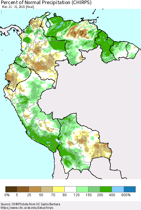 Northern South America Percent of Normal Precipitation (CHIRPS) Thematic Map For 3/21/2021 - 3/31/2021