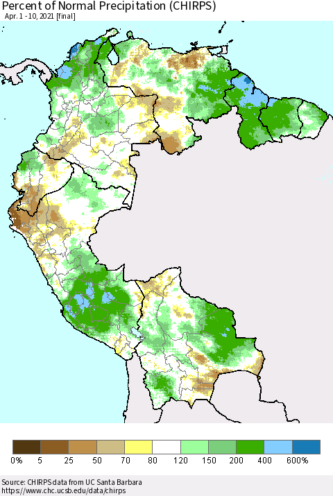 Northern South America Percent of Normal Precipitation (CHIRPS) Thematic Map For 4/1/2021 - 4/10/2021