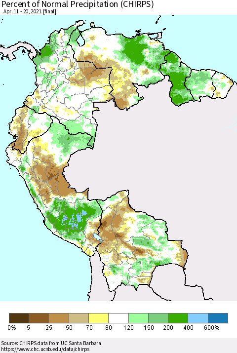 Northern South America Percent of Normal Precipitation (CHIRPS) Thematic Map For 4/11/2021 - 4/20/2021