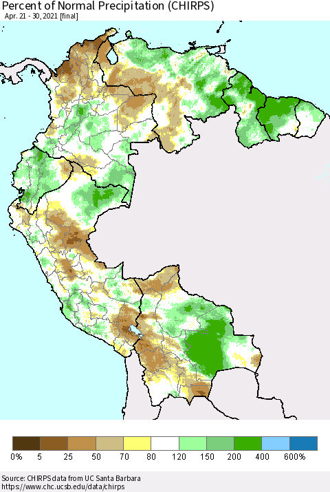 Northern South America Percent of Normal Precipitation (CHIRPS) Thematic Map For 4/21/2021 - 4/30/2021