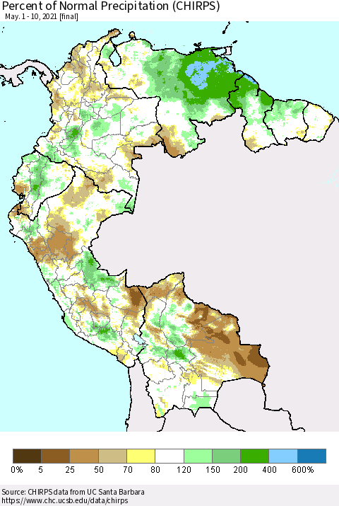Northern South America Percent of Normal Precipitation (CHIRPS) Thematic Map For 5/1/2021 - 5/10/2021
