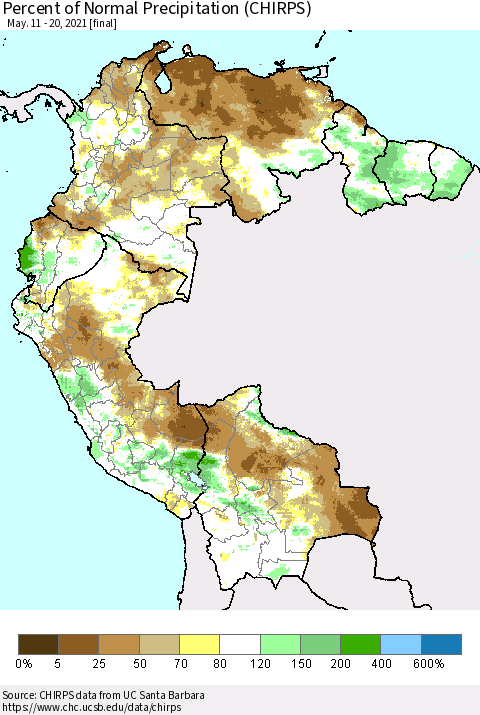 Northern South America Percent of Normal Precipitation (CHIRPS) Thematic Map For 5/11/2021 - 5/20/2021