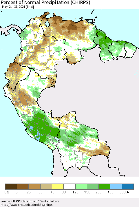 Northern South America Percent of Normal Precipitation (CHIRPS) Thematic Map For 5/21/2021 - 5/31/2021