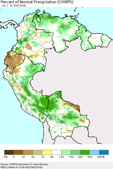 Northern South America Percent of Normal Precipitation (CHIRPS) Thematic Map For 6/1/2021 - 6/10/2021
