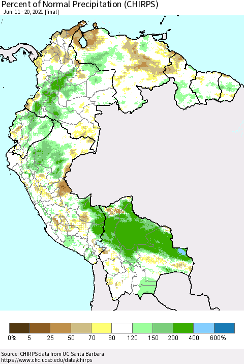 Northern South America Percent of Normal Precipitation (CHIRPS) Thematic Map For 6/11/2021 - 6/20/2021