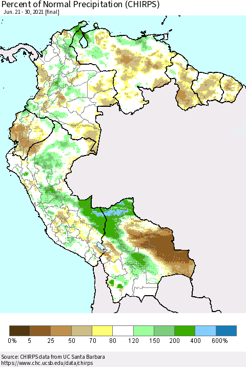 Northern South America Percent of Normal Precipitation (CHIRPS) Thematic Map For 6/21/2021 - 6/30/2021