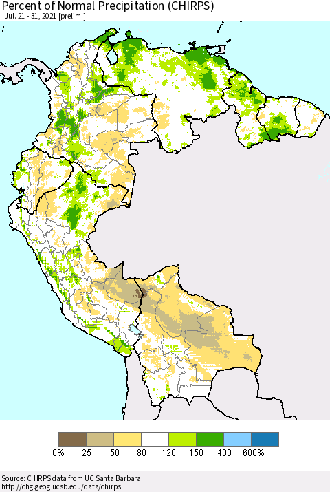 Northern South America Percent of Normal Precipitation (CHIRPS) Thematic Map For 7/21/2021 - 7/31/2021