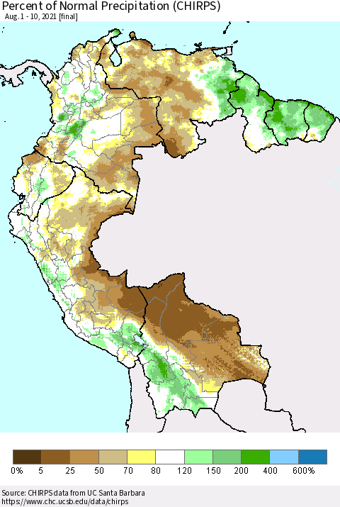 Northern South America Percent of Normal Precipitation (CHIRPS) Thematic Map For 8/1/2021 - 8/10/2021