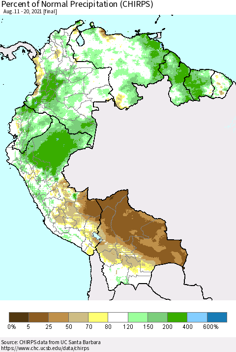 Northern South America Percent of Normal Precipitation (CHIRPS) Thematic Map For 8/11/2021 - 8/20/2021