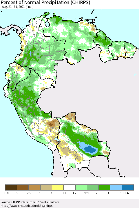 Northern South America Percent of Normal Precipitation (CHIRPS) Thematic Map For 8/21/2021 - 8/31/2021