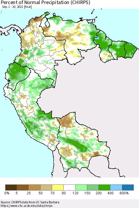 Northern South America Percent of Normal Precipitation (CHIRPS) Thematic Map For 9/1/2021 - 9/10/2021