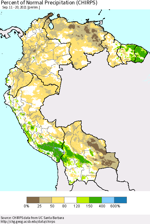 Northern South America Percent of Normal Precipitation (CHIRPS) Thematic Map For 9/11/2021 - 9/20/2021