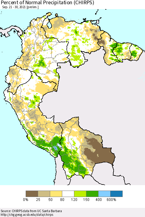 Northern South America Percent of Normal Precipitation (CHIRPS) Thematic Map For 9/21/2021 - 9/30/2021