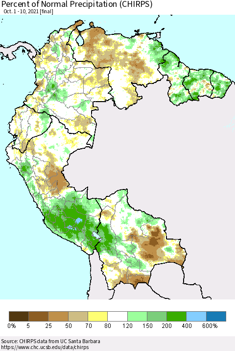 Northern South America Percent of Normal Precipitation (CHIRPS) Thematic Map For 10/1/2021 - 10/10/2021