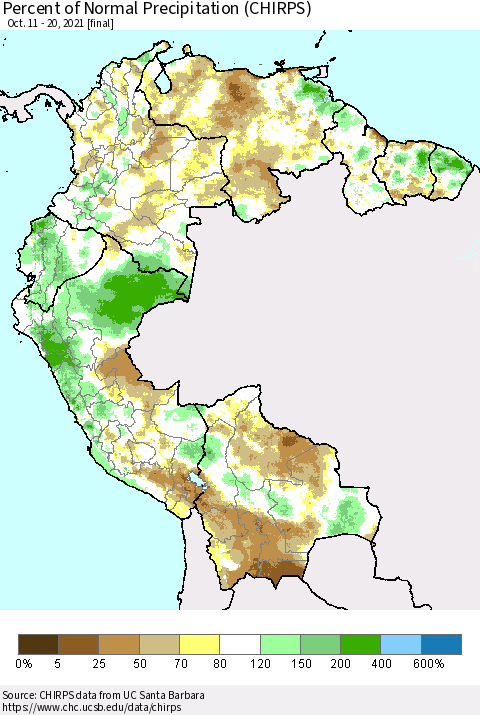 Northern South America Percent of Normal Precipitation (CHIRPS) Thematic Map For 10/11/2021 - 10/20/2021