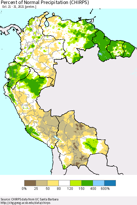 Northern South America Percent of Normal Precipitation (CHIRPS) Thematic Map For 10/21/2021 - 10/31/2021