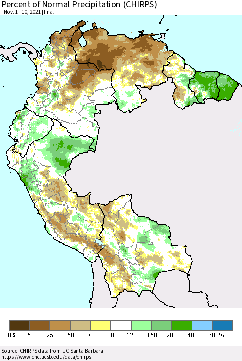 Northern South America Percent of Normal Precipitation (CHIRPS) Thematic Map For 11/1/2021 - 11/10/2021