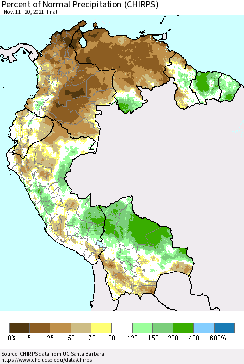 Northern South America Percent of Normal Precipitation (CHIRPS) Thematic Map For 11/11/2021 - 11/20/2021